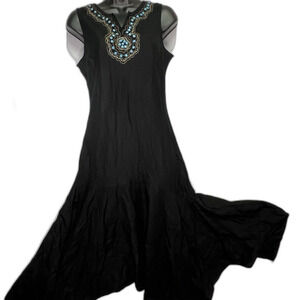 Metro Style Black Sleeveless Dress Beaded Embellished Neck Maxi NWT 6  Tribal
